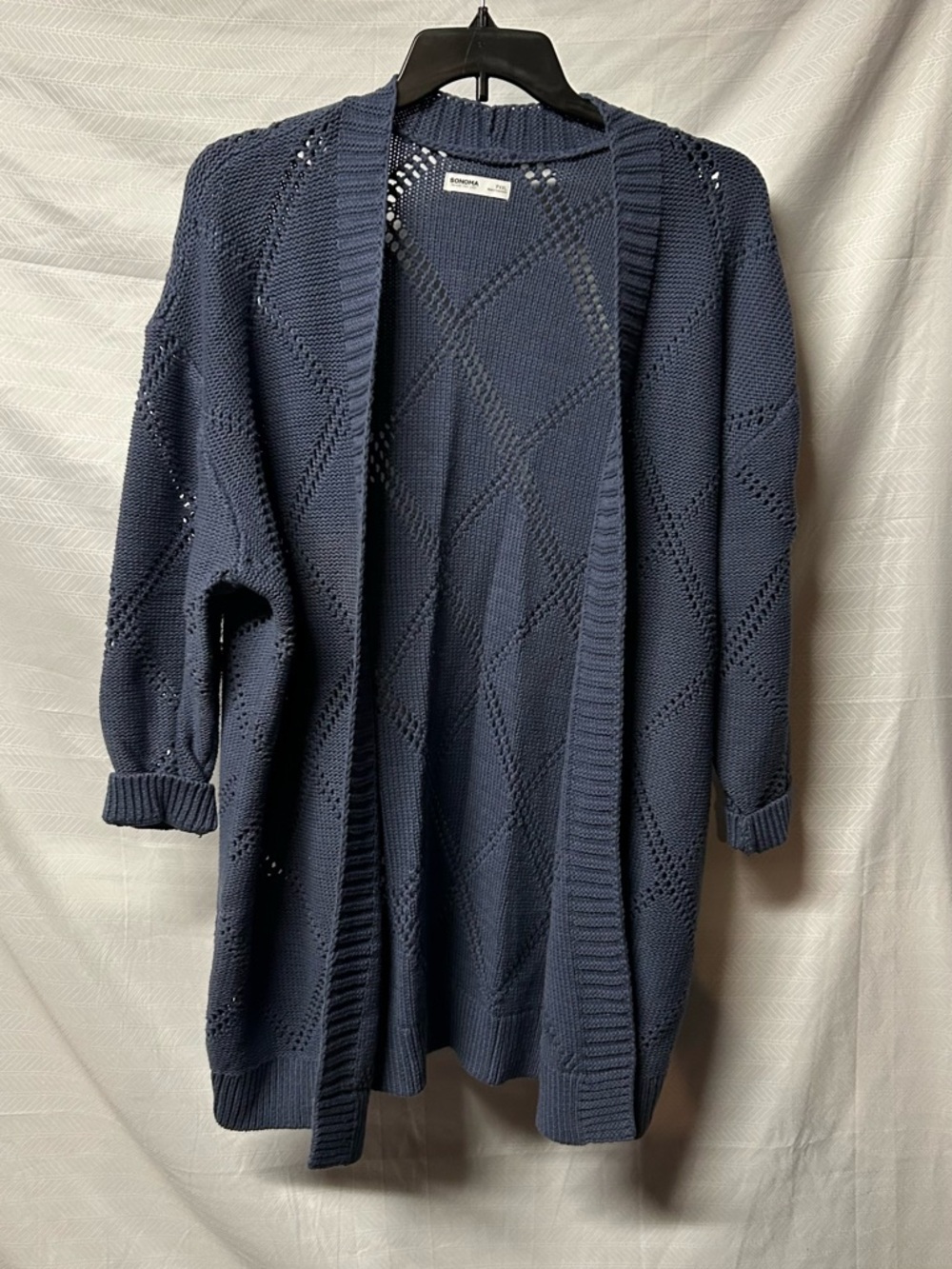 Sonoma Navy Open-Front Diamond Eyelet Cardigan